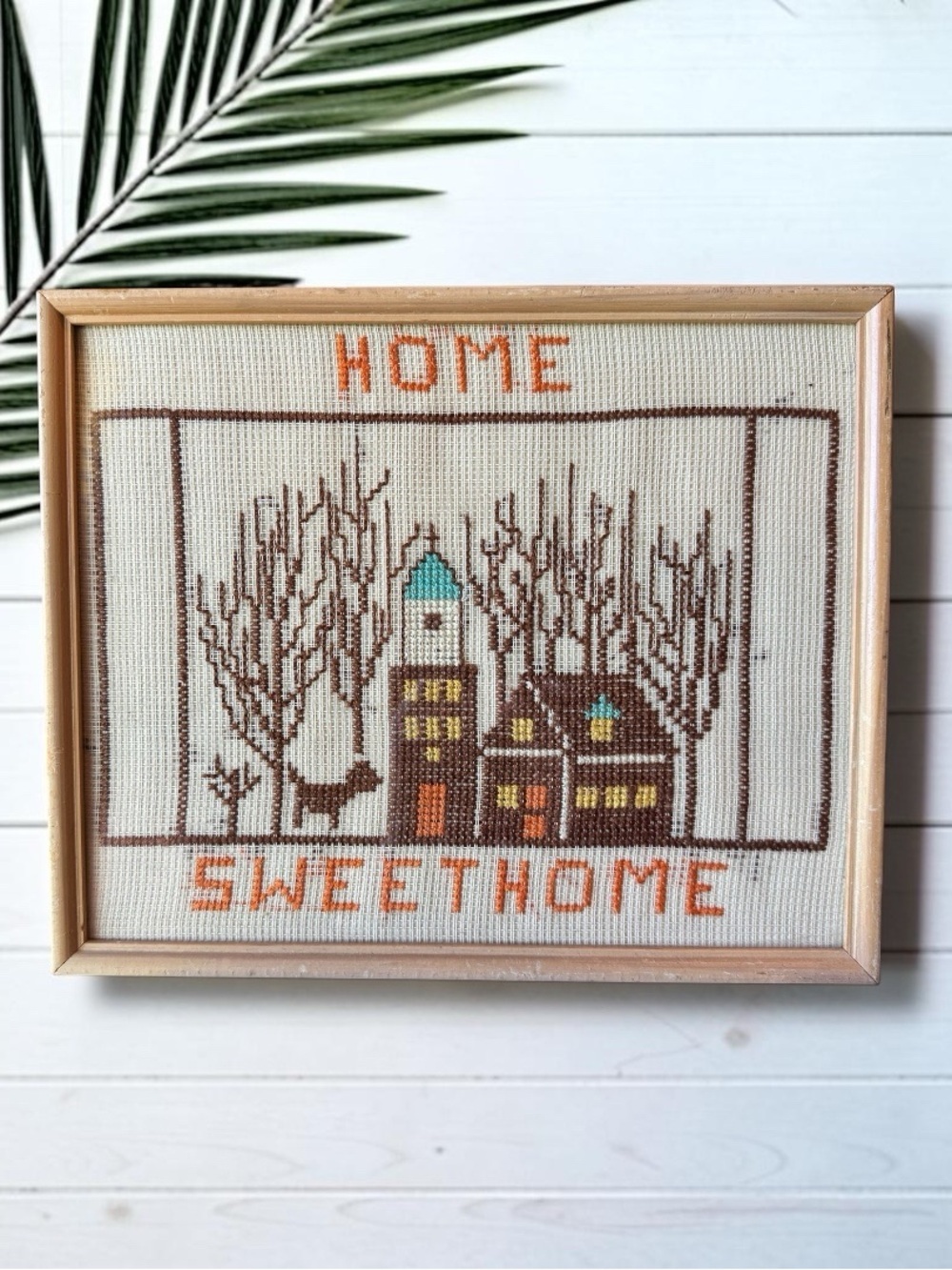 Vintage Home Sweet Home Framed Needlepoint Cross Stitch Wall Art Cottage Decor